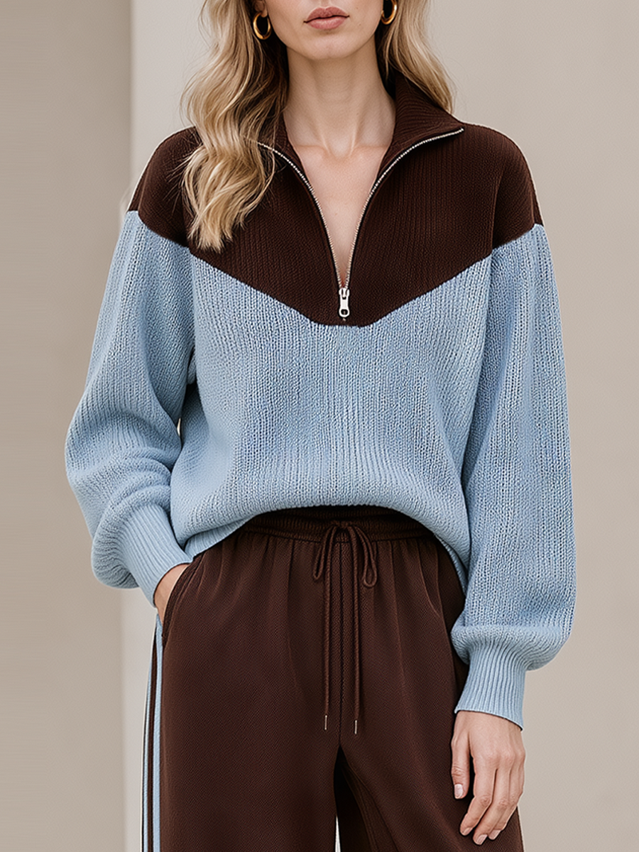 Stylish Casual Brown And Blue Color-Block Half-Zip Sweater