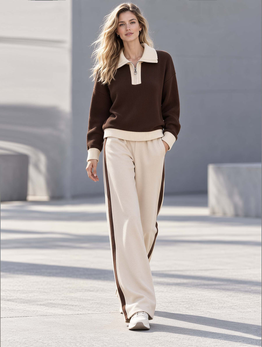 Stylish Casual Brown And White Long-Sleeve Half-Zip Sweater And Pants Set