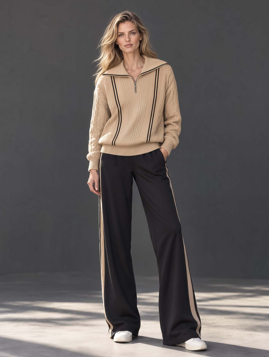 Stylish Set Featuring A Khaki Long-sleeve Half-zip Sweater And Black Wide-leg Trousers