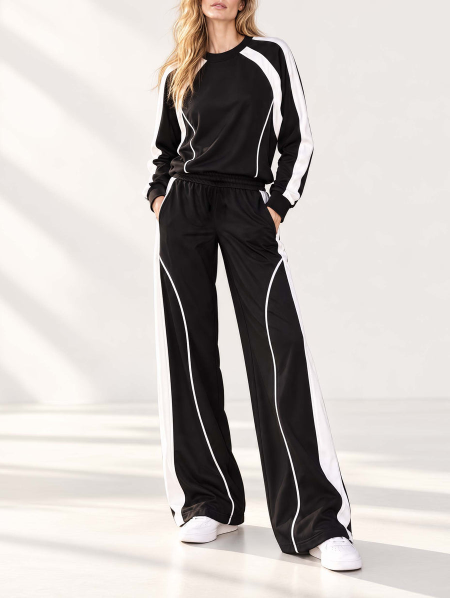 Black And White Color-block Long-sleeve Top And Pants Set In A Casual Sporty Style