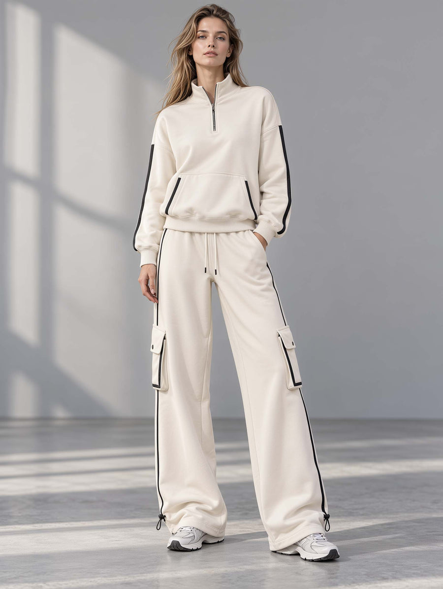 Casual-chic White Half-zip Long-sleeve Top And Utility-style Wide-leg Pants Set
