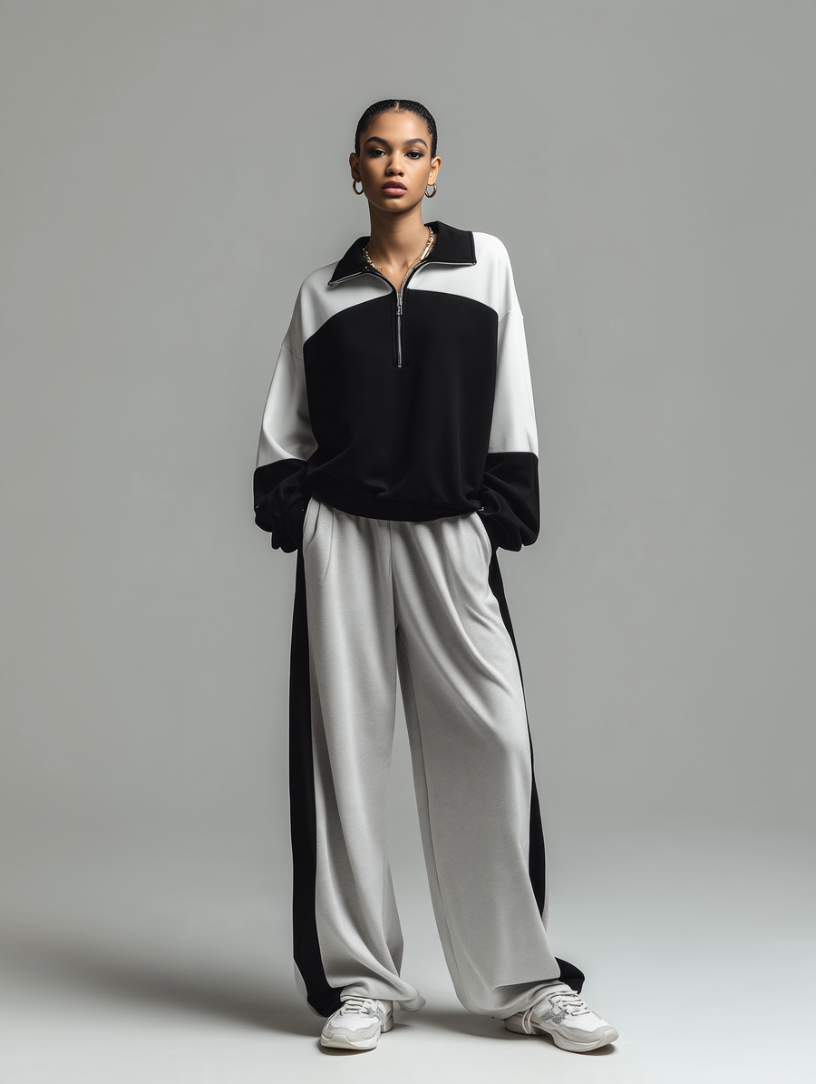 Black & White Colorblock Half-Zip Top & Wide-Leg Pants Set