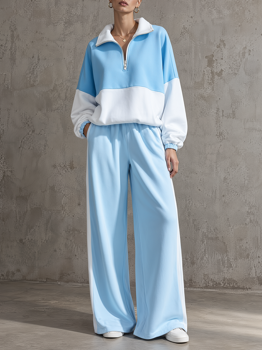 Light Blue Colorblock Half-Zip Sweatshirt & Wide-Leg Pants Set