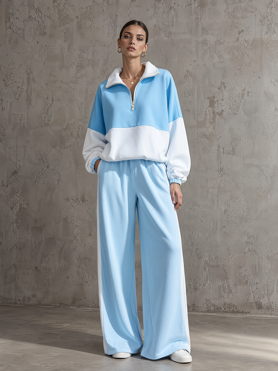 Light Blue Colorblock Half-Zip Sweatshirt & Wide-Leg Pants Set