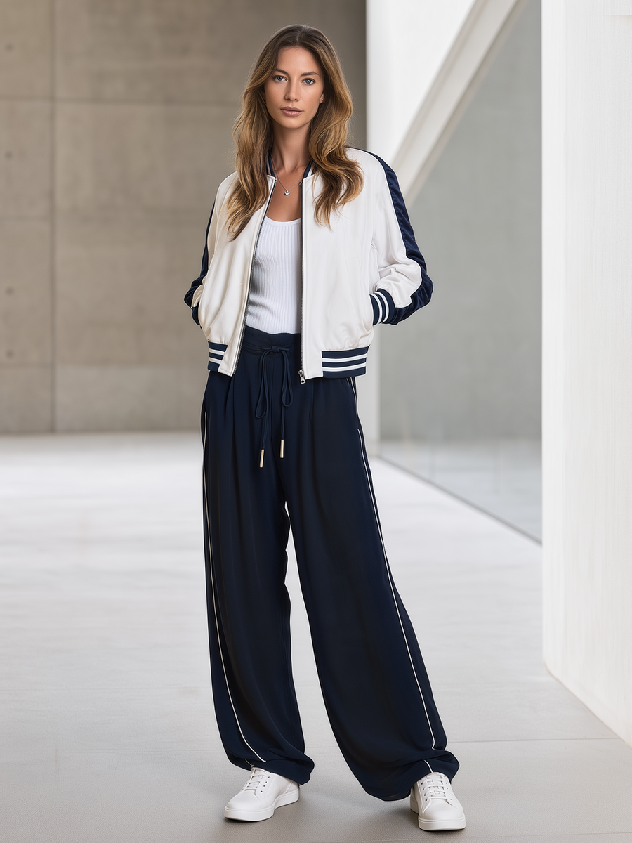 White And Blue Color-block Baseball Jacket And Navy Wide-leg Trousers Set