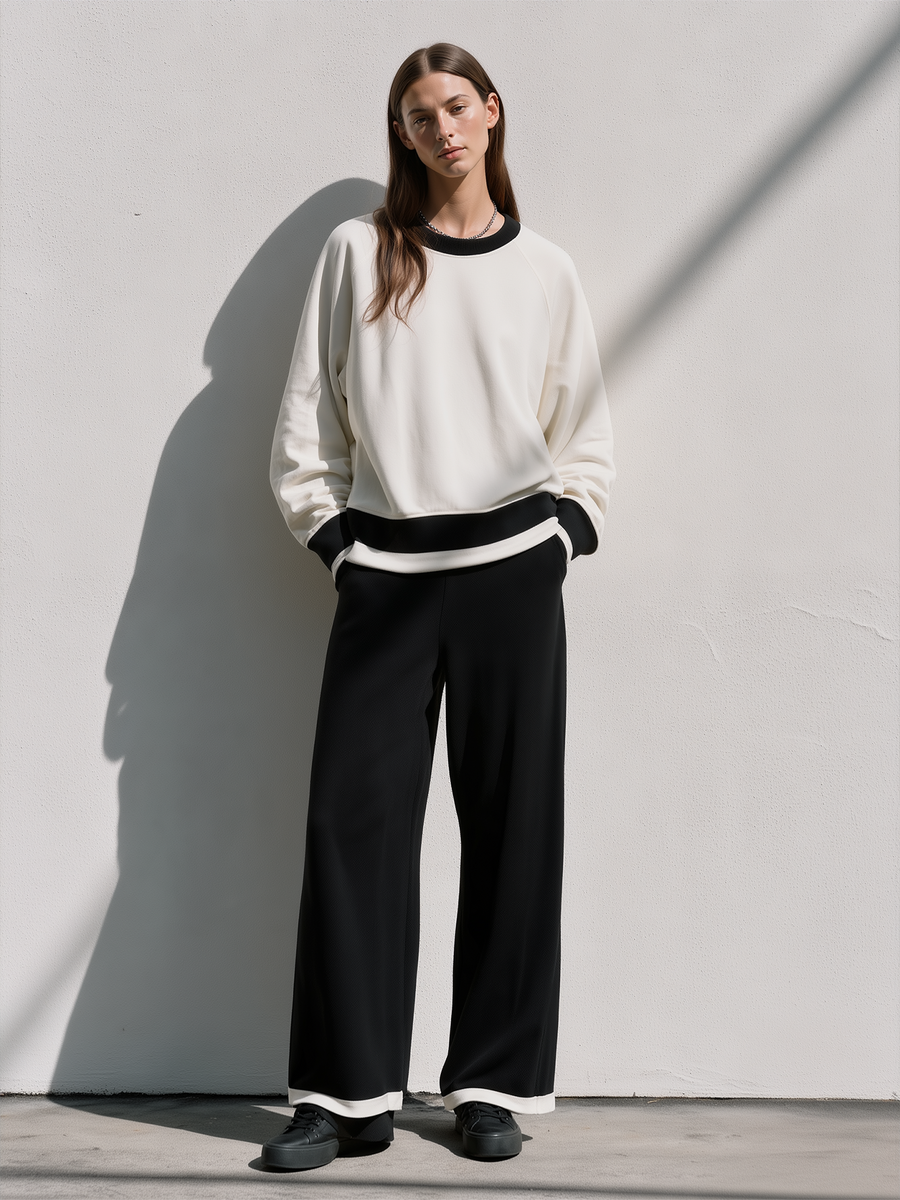 Black And White Color-block Raglan-sleeve Sweatshirt And Wide-leg Trousers Set