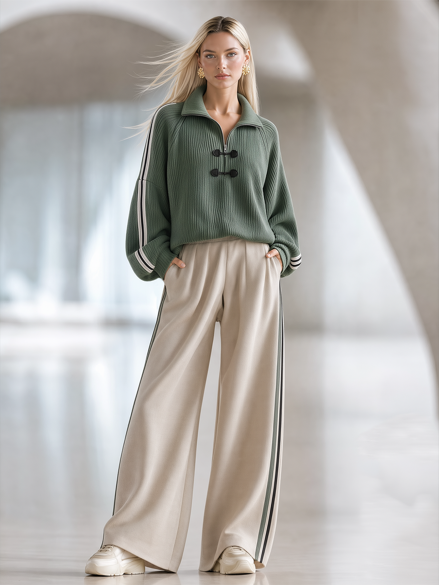 Green Half-Zip Rib Knit Top And Beige Wide-Leg Pants Set
