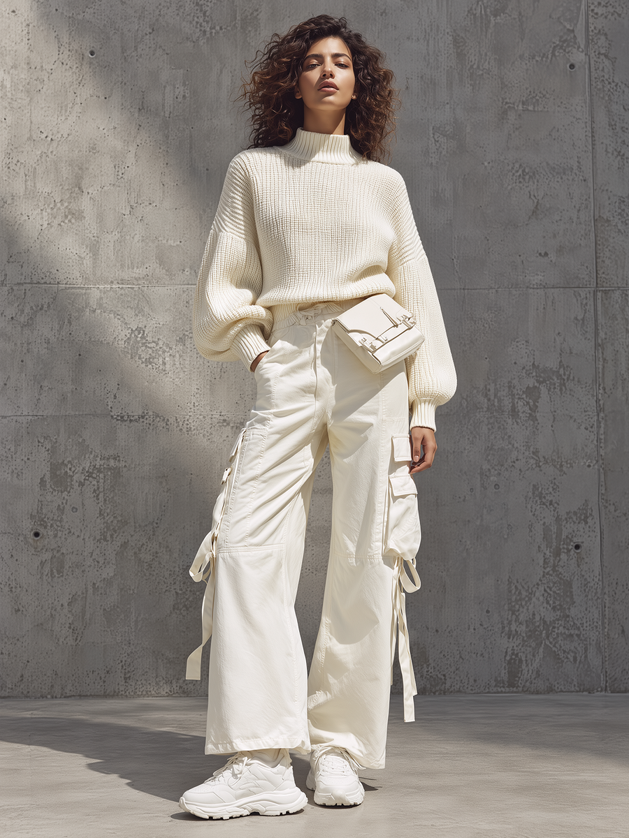 Ivory Mock-Neck Knit Sweater & Wide-Leg Cargo Pants Set