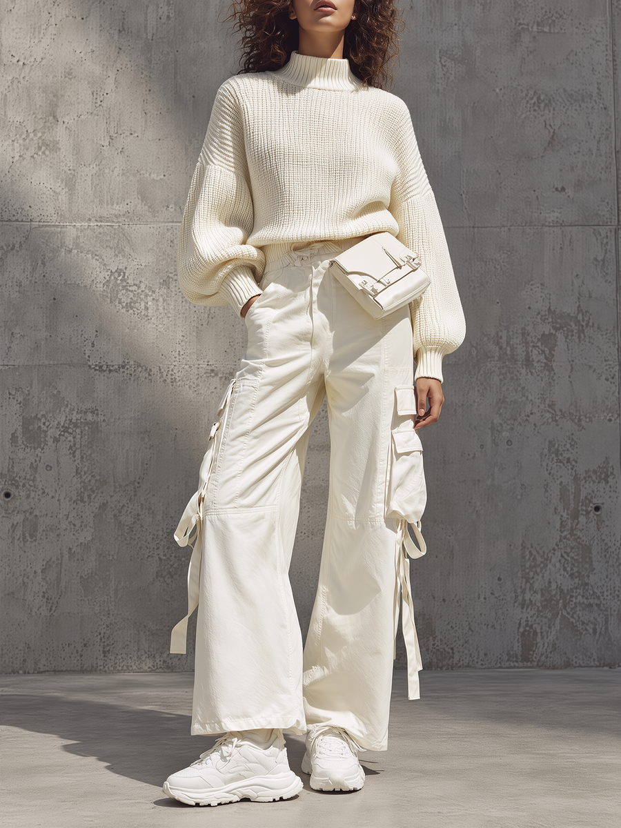 Ivory Mock-Neck Knit Sweater & Wide-Leg Cargo Pants Set