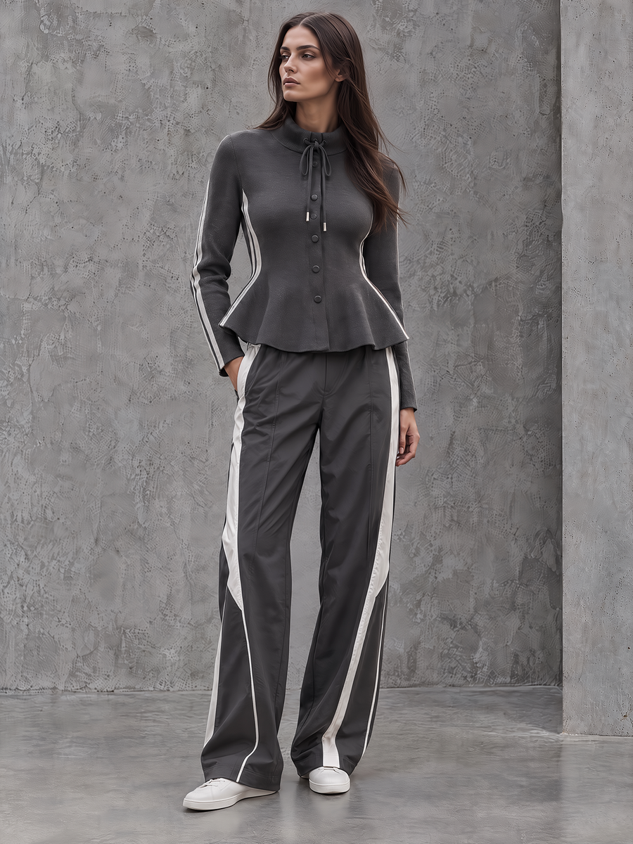 Charcoal Grey Peplum Button-Up Top & Side-Stripe Wide-Leg Pants Set