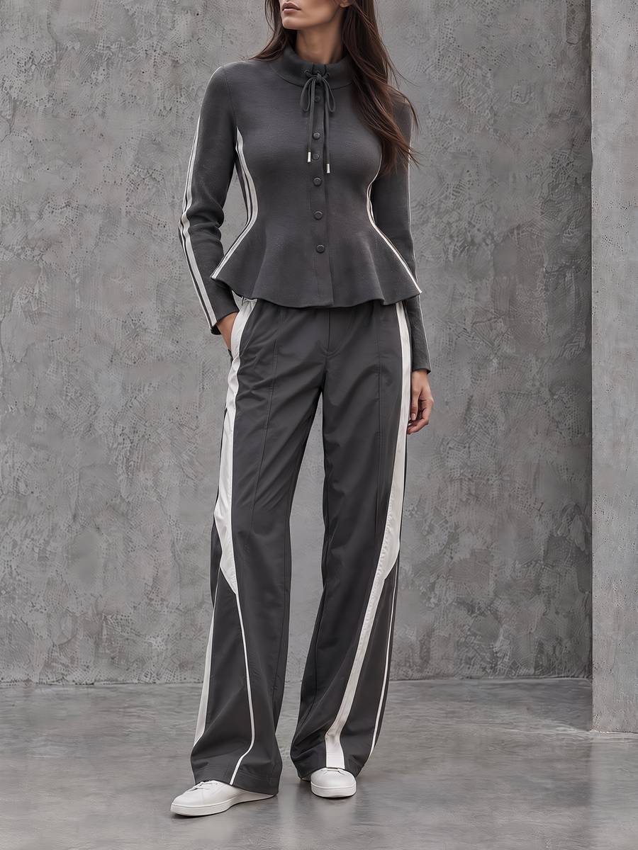 Charcoal Grey Peplum Button-Up Top & Side-Stripe Wide-Leg Pants Set
