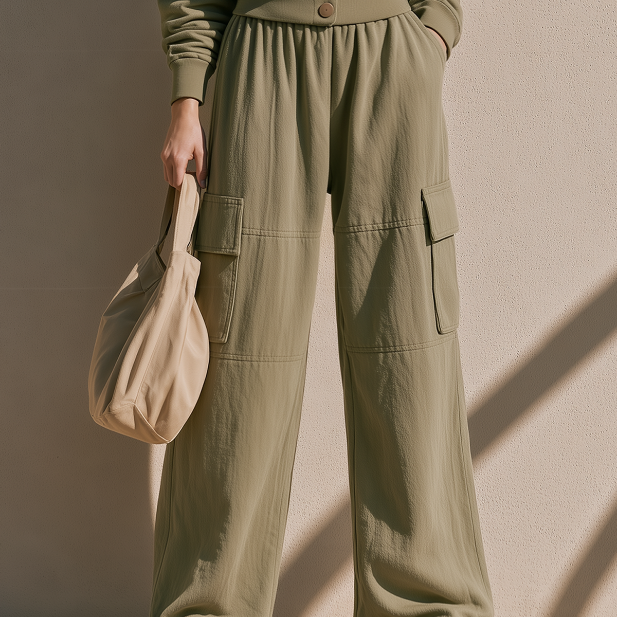 Olive Green Multi-pocket Casual Wide-leg Cargo Pants