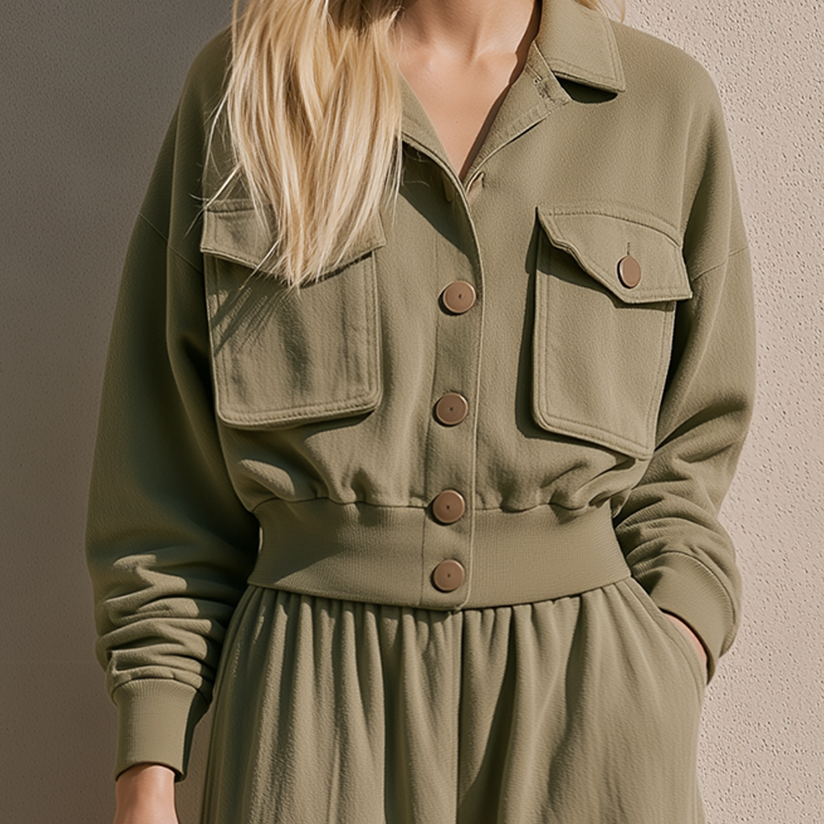 Olive Green Multi-Pocket Lapel Casual Utility Jacket