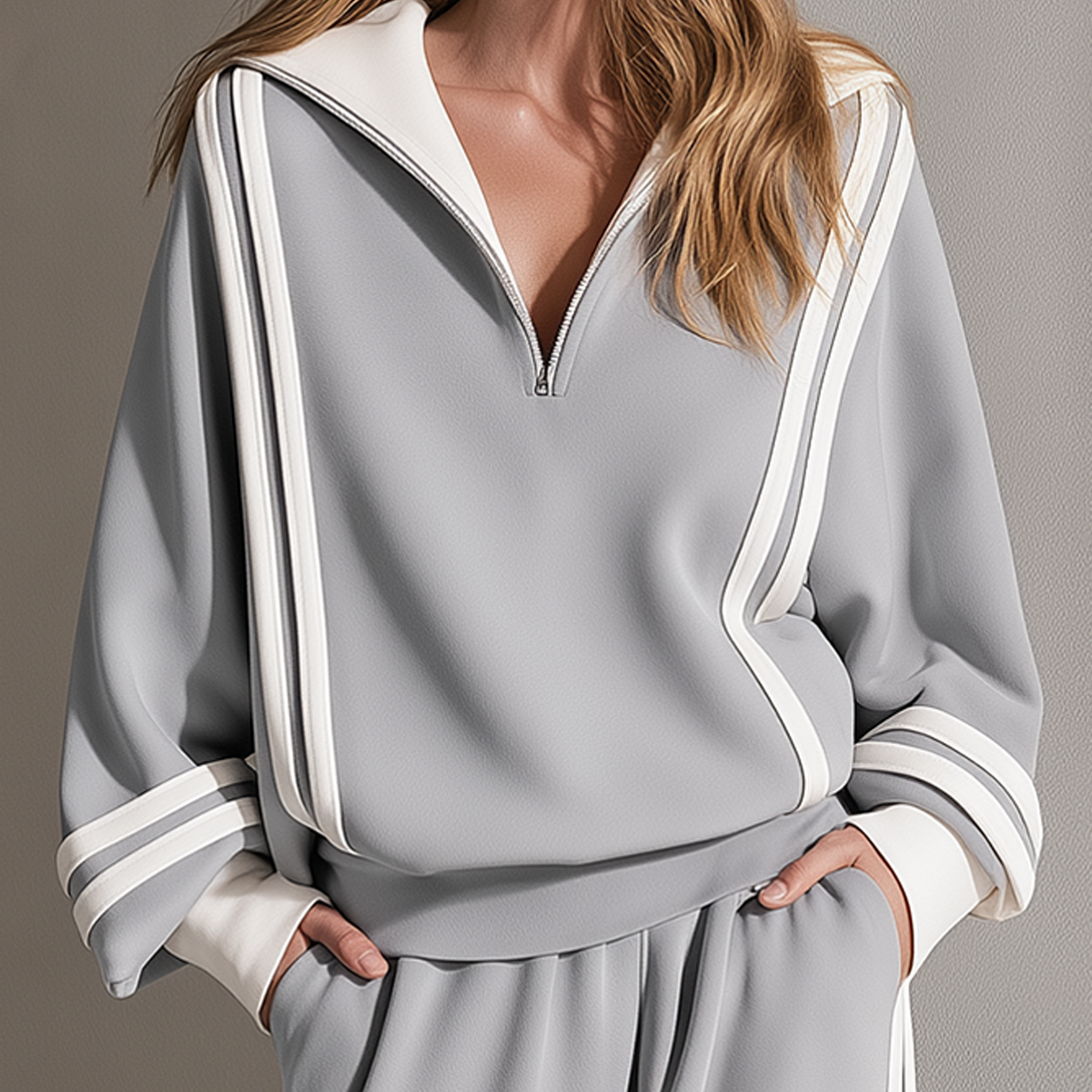 Light Grey-White High-Stretch Color-Block Striped Half-Zip Top