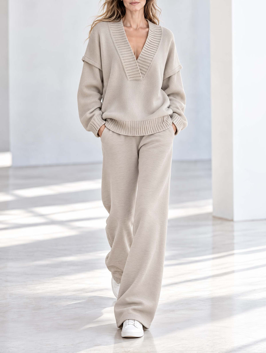 Stylish Casual Oatmeal V-Neck Long-Sleeve Sweater And Wide-Leg Pants Set