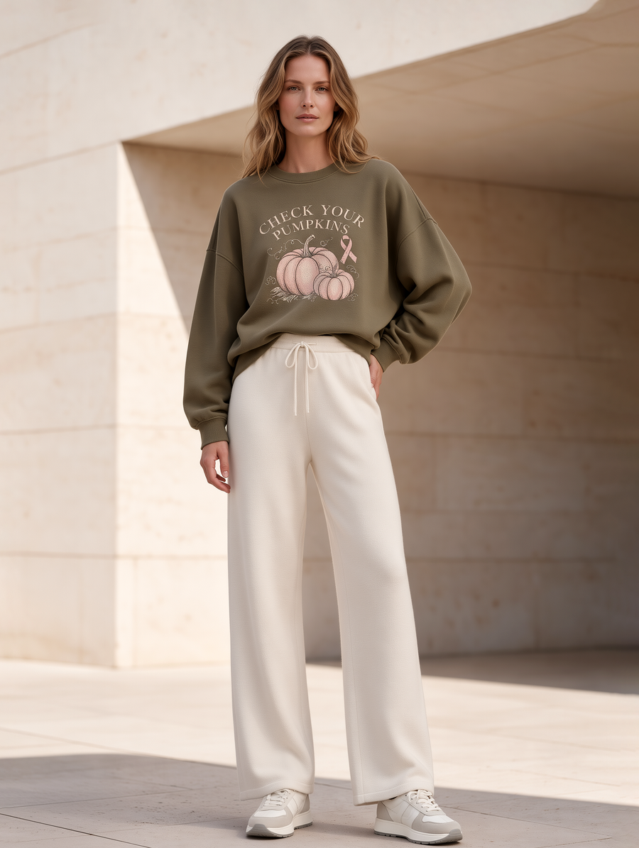 Olive Green Sweatshirt And Off-white Wide-leg Trousers Set
