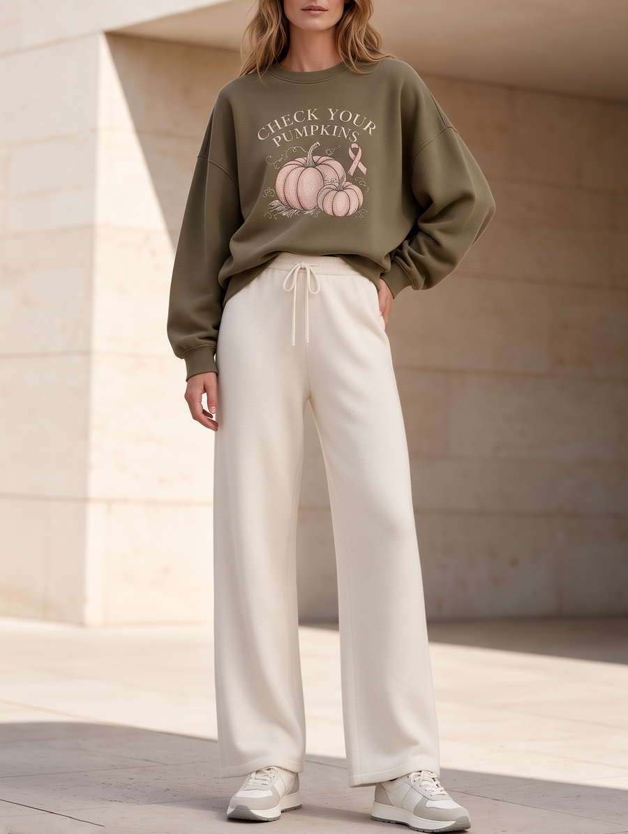 Olive Green Sweatshirt And Off-white Wide-leg Trousers Set