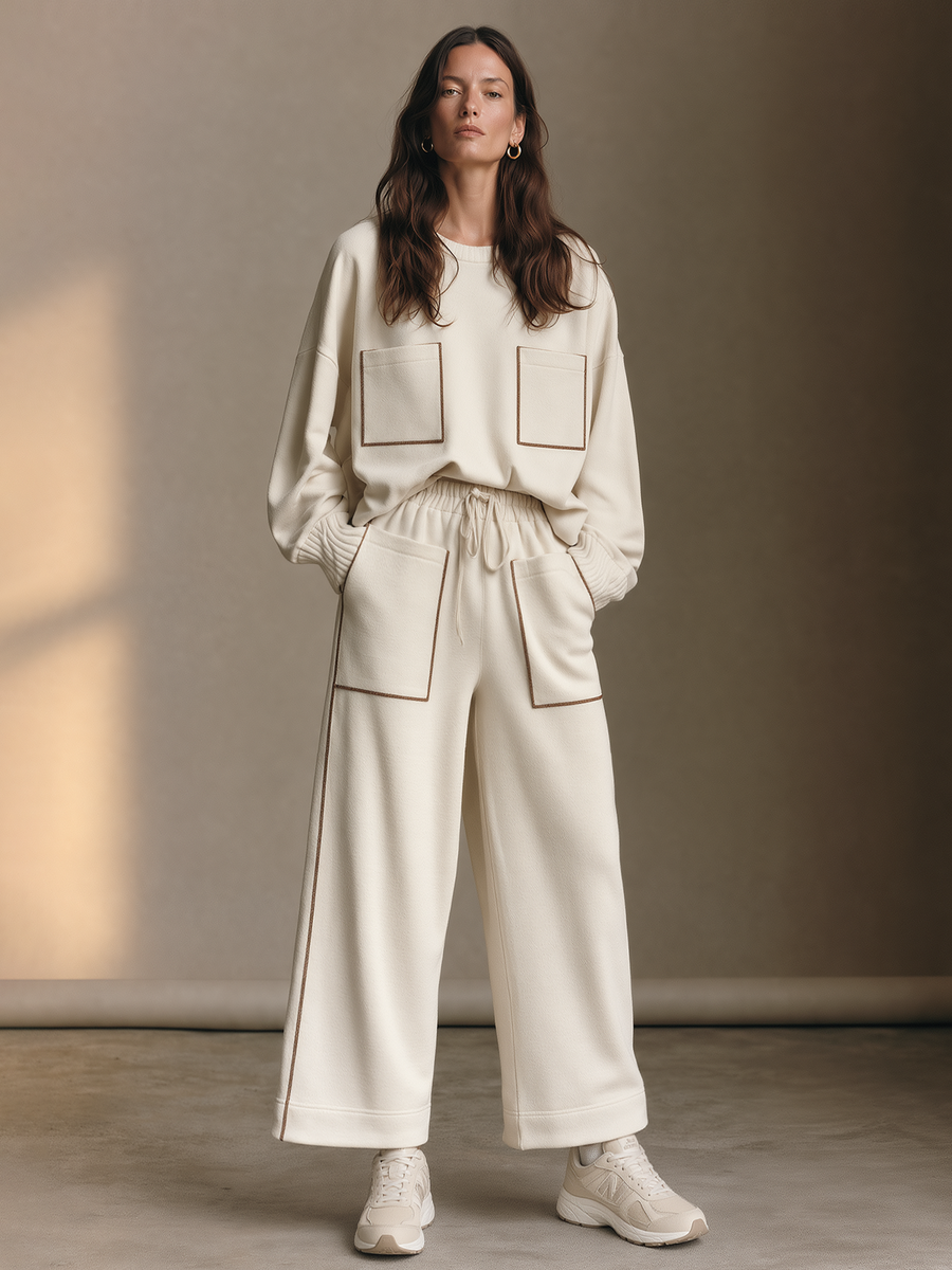 Beige Drop-shoulder Top With Contrasting-trim Pockets And Drawstring Wide-leg Pants Set