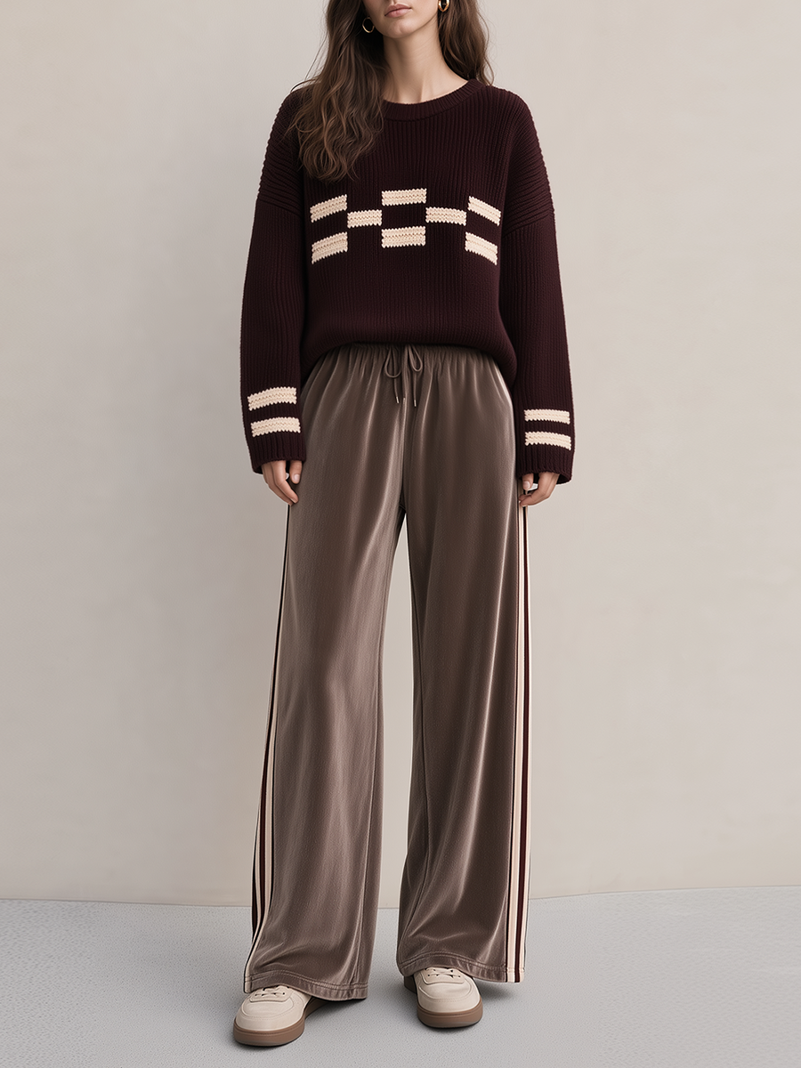 Burgundy Color-block Jacquard Crew-neck Sweater And Velvet Wide-leg Trousers Set