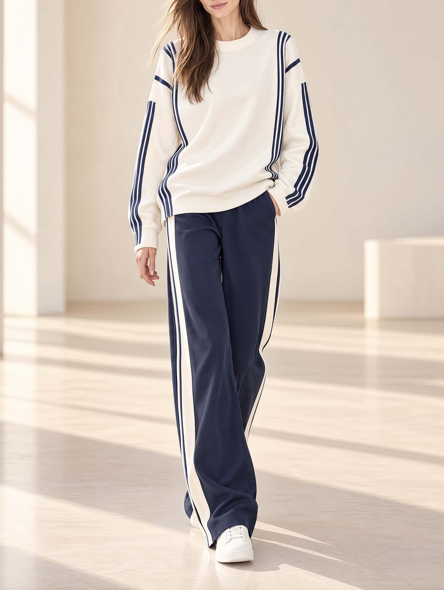 Off-white And Navy Blue Color-block Long-sleeved Top And Trousers Set