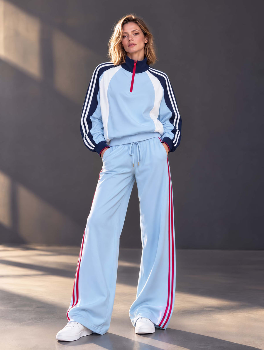 Athleisure-style Blue Color-block Long-sleeve Half-zip Top And Pants Set