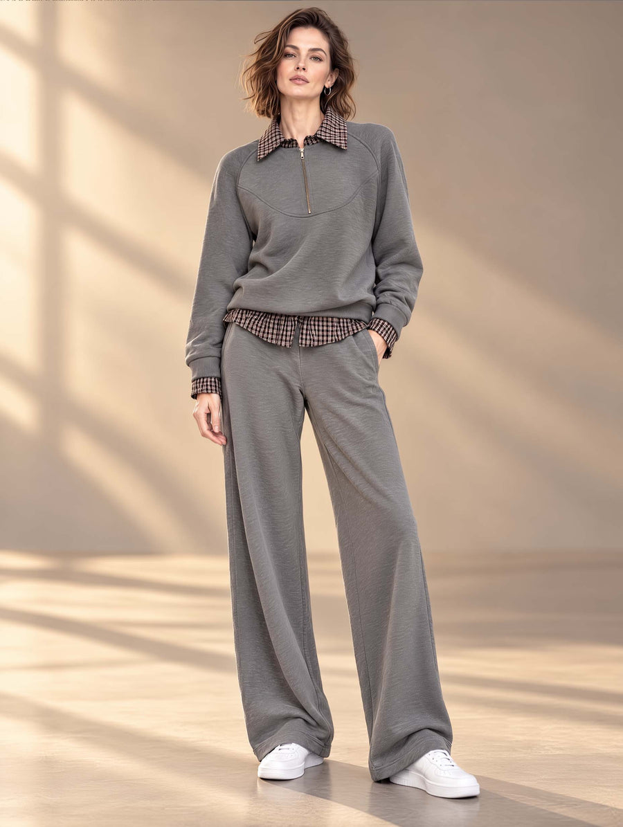 Stylish Grey Long-sleeved Top And Trousers Set Featuring A Mock-layered Design And Half-zip Collar