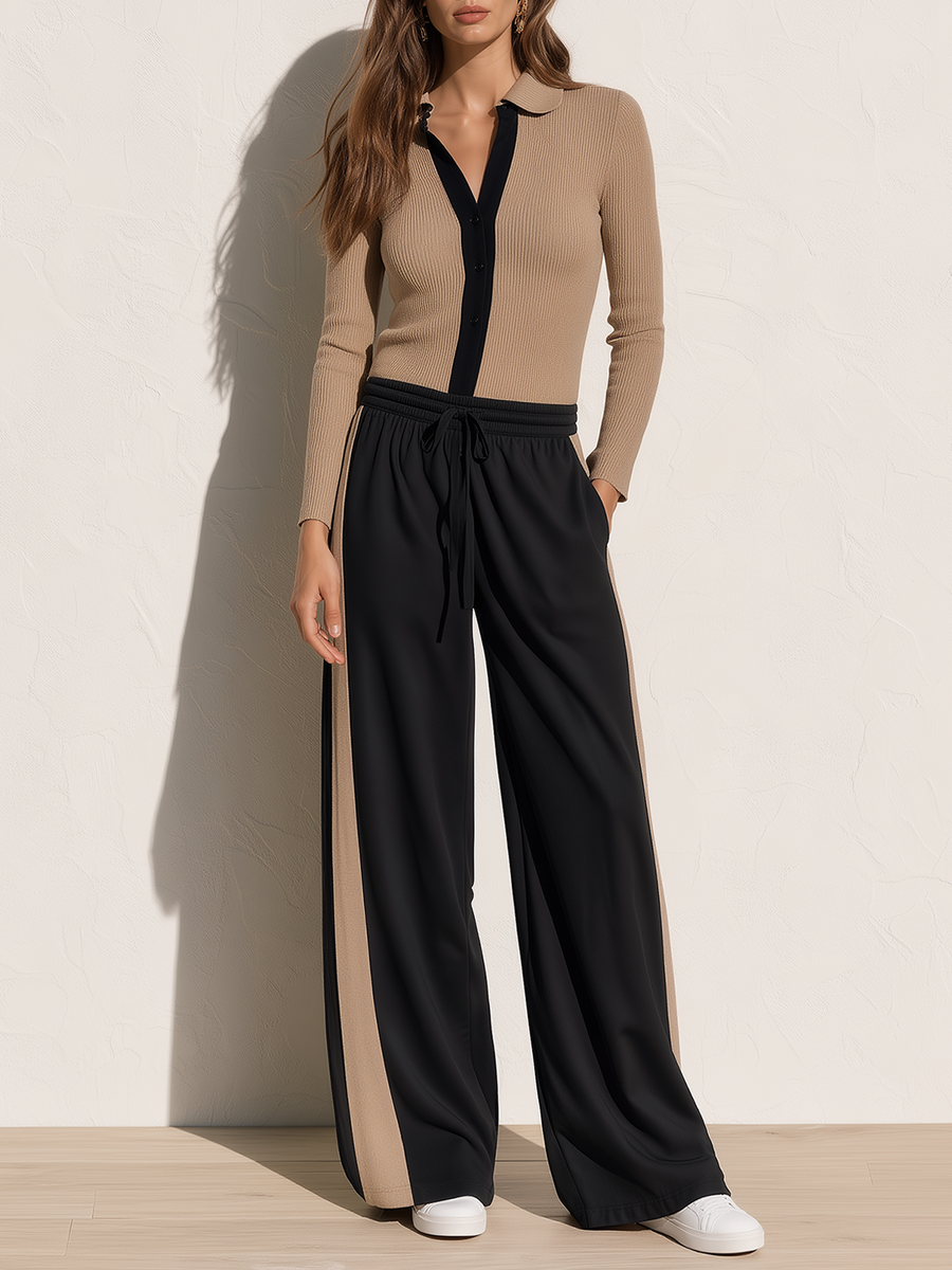 Khaki And Black Color-block Ribbed Knit Top And Wide-leg Trousers Set