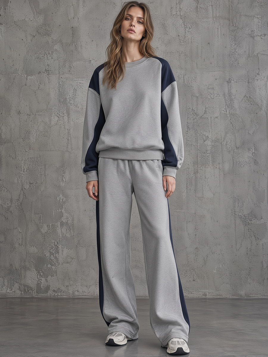 Grey Colorblock Crewneck Sweatshirt Wide-Leg Set