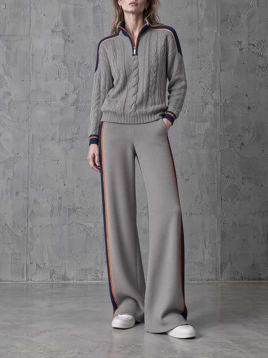 Grey Cable-Knit Half-Zip Sweater Wide-Leg Pants Set