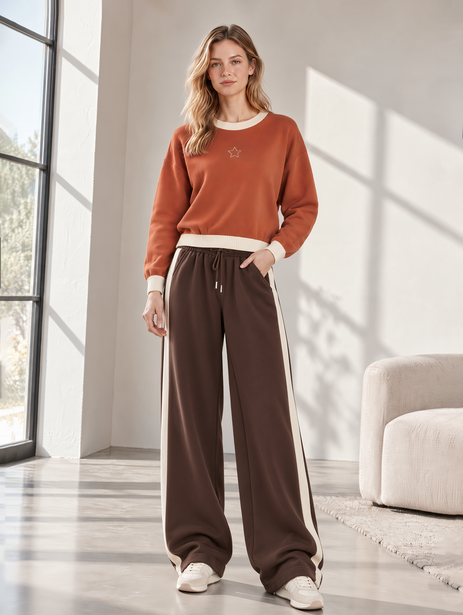 Pumpkin-orange Embroidered Sweatshirt And Wide-leg Pants Set