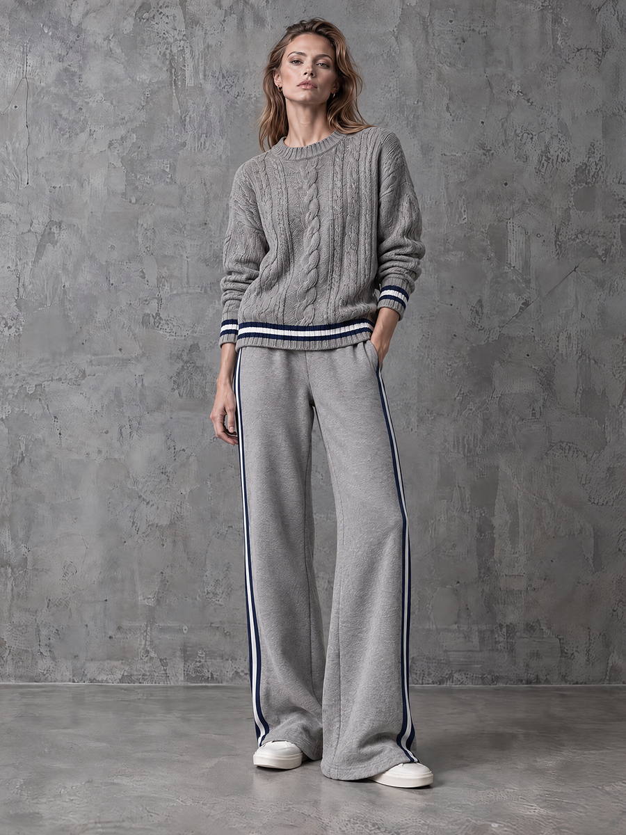 Grey Cable-Knit Crewneck Sweater Wide-Leg Pants Set