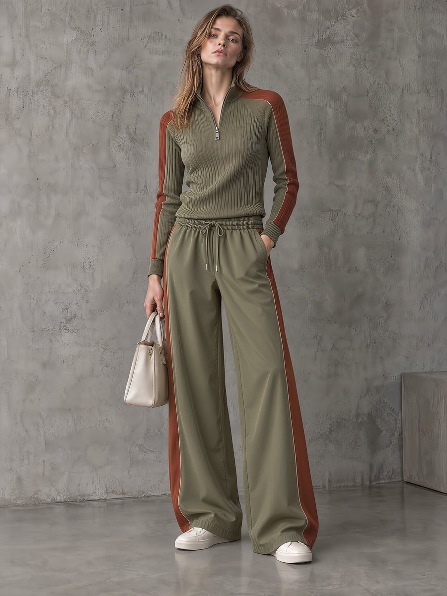 Sage Green Color-Block Half-Zip Knit Top And Wide-Leg Pants Set