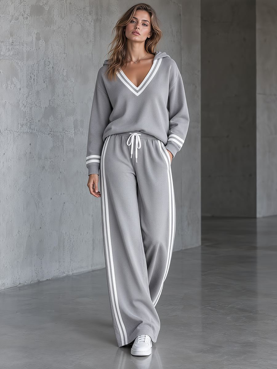 Grey Varsity-Stripe Hooded V-Neck Sweatshirt And Wide-Leg Pants Set