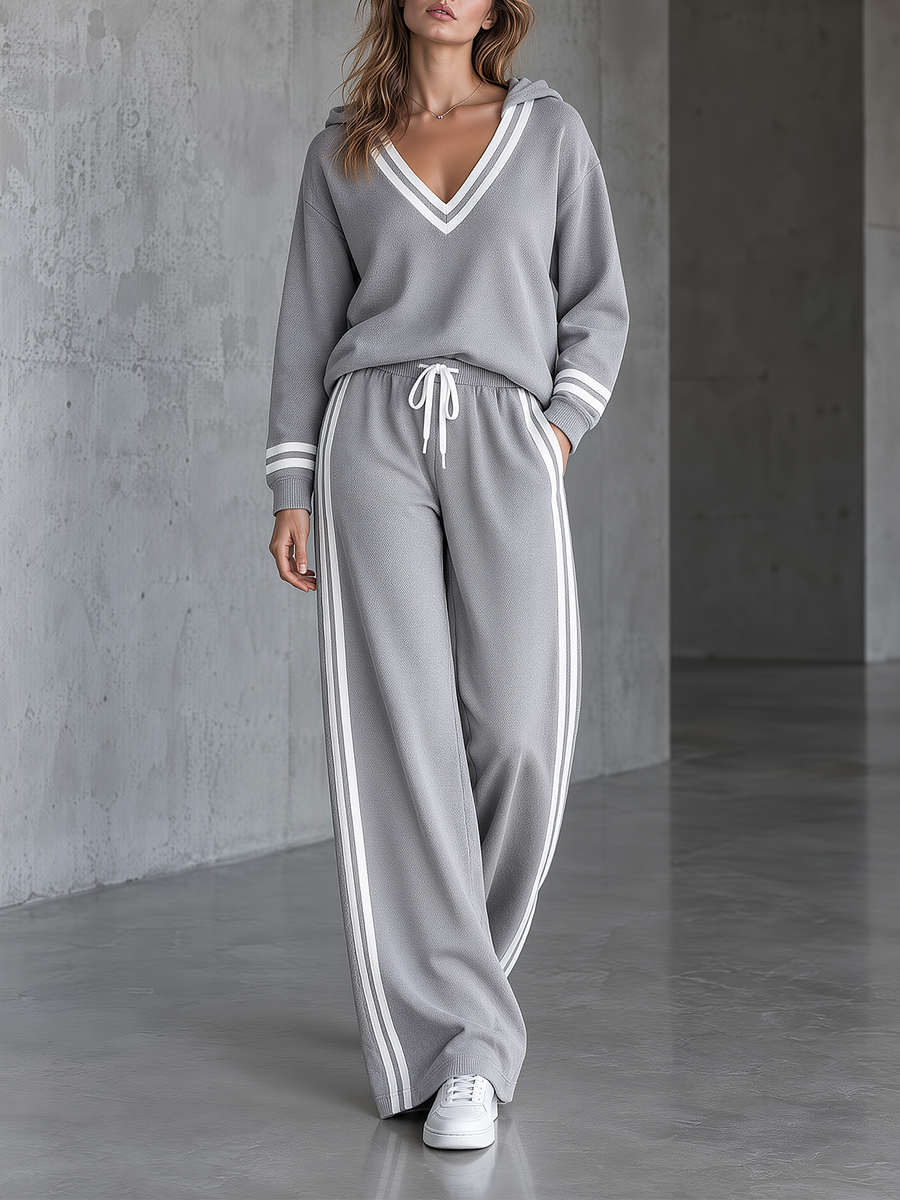 Grey Varsity-Stripe Hooded V-Neck Sweatshirt And Wide-Leg Pants Set