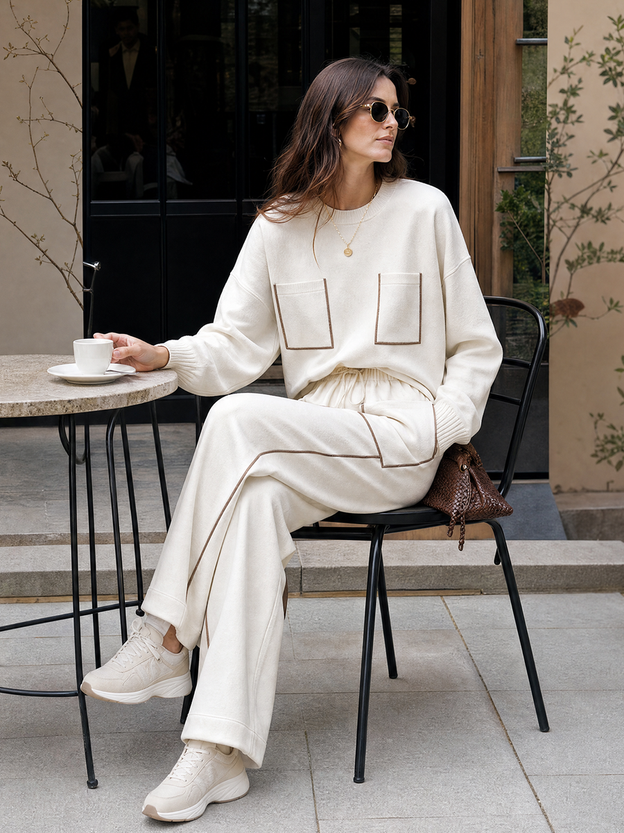 Beige Drop-shoulder Top With Contrasting-trim Pockets And Drawstring Wide-leg Pants Set