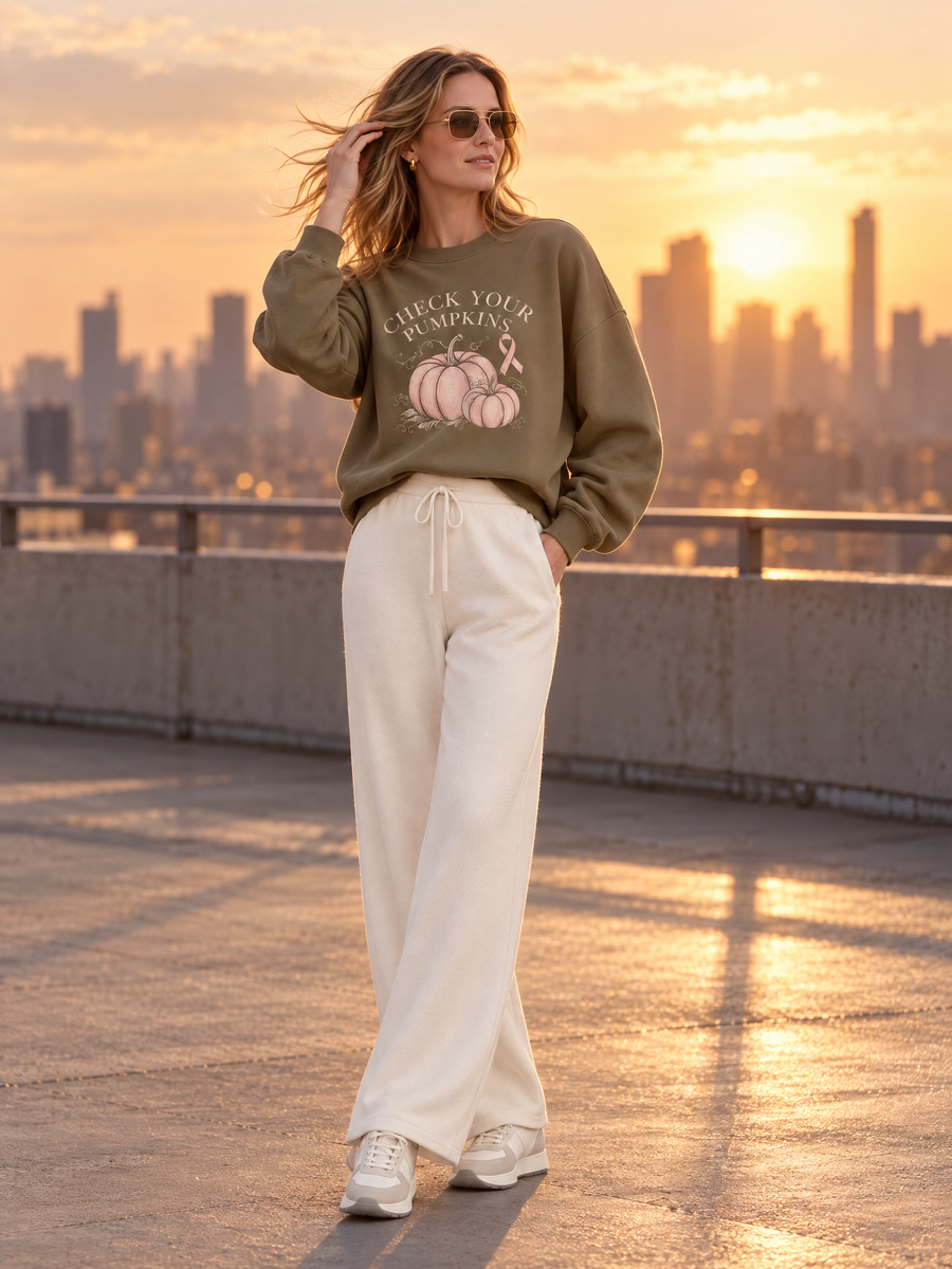 Olive Green Sweatshirt And Off-white Wide-leg Trousers Set