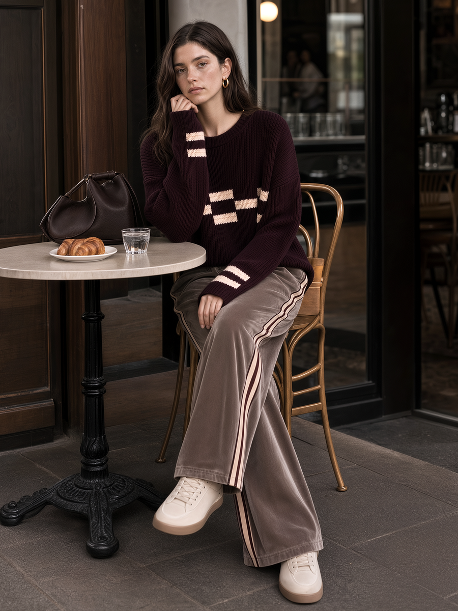 Burgundy Color-block Jacquard Crew-neck Sweater And Velvet Wide-leg Trousers Set