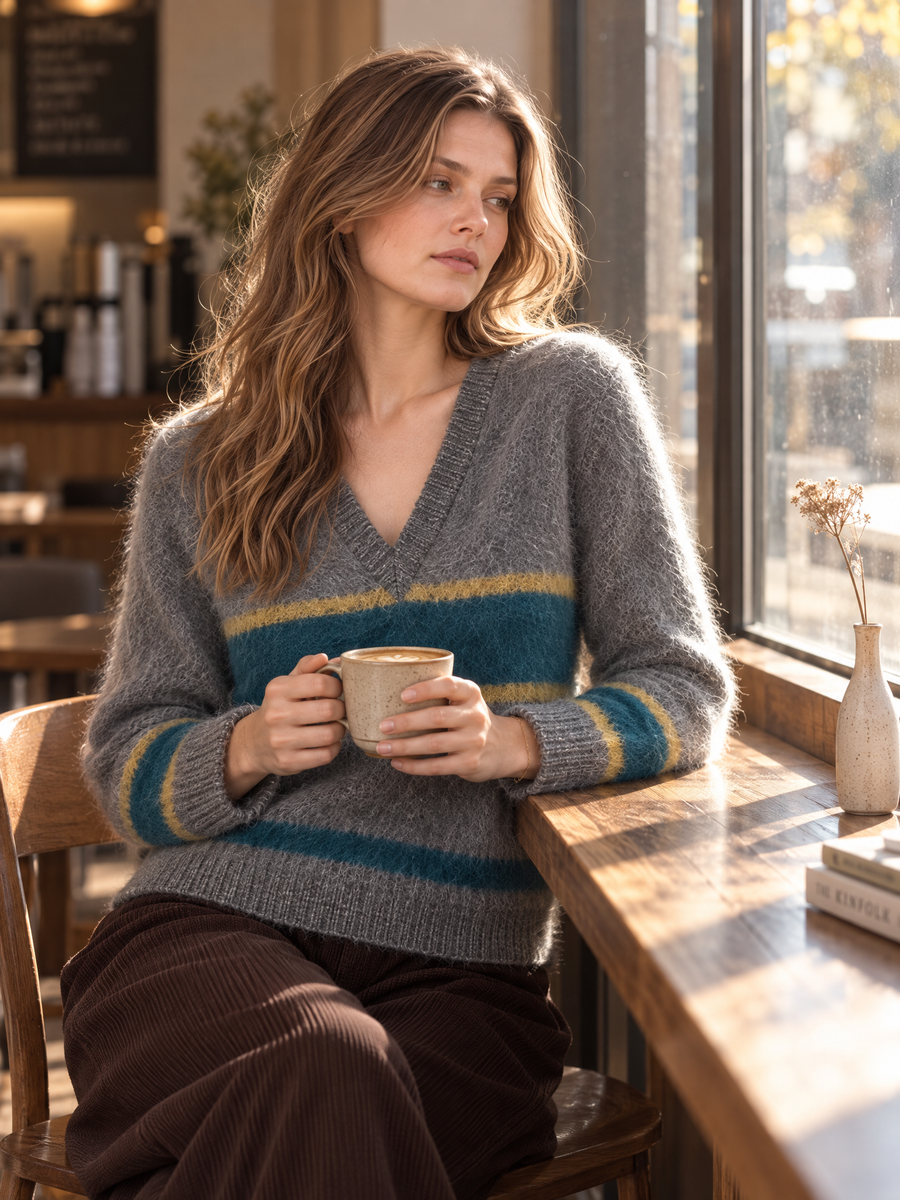 Grey Striped V-neck Knit Sweater In Faux Mohair