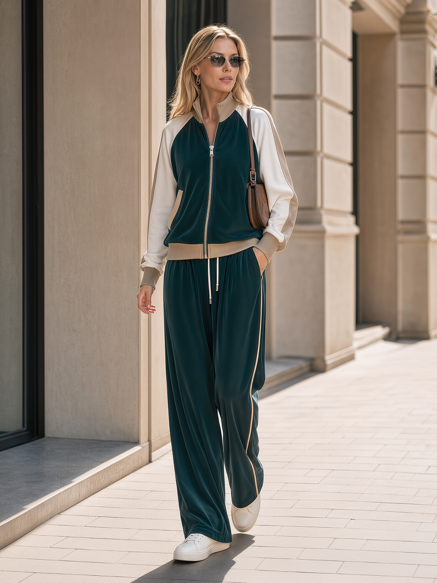 Dark Green Velvet Color-block Stand-collar Jacket And Wide-leg Trousers Set