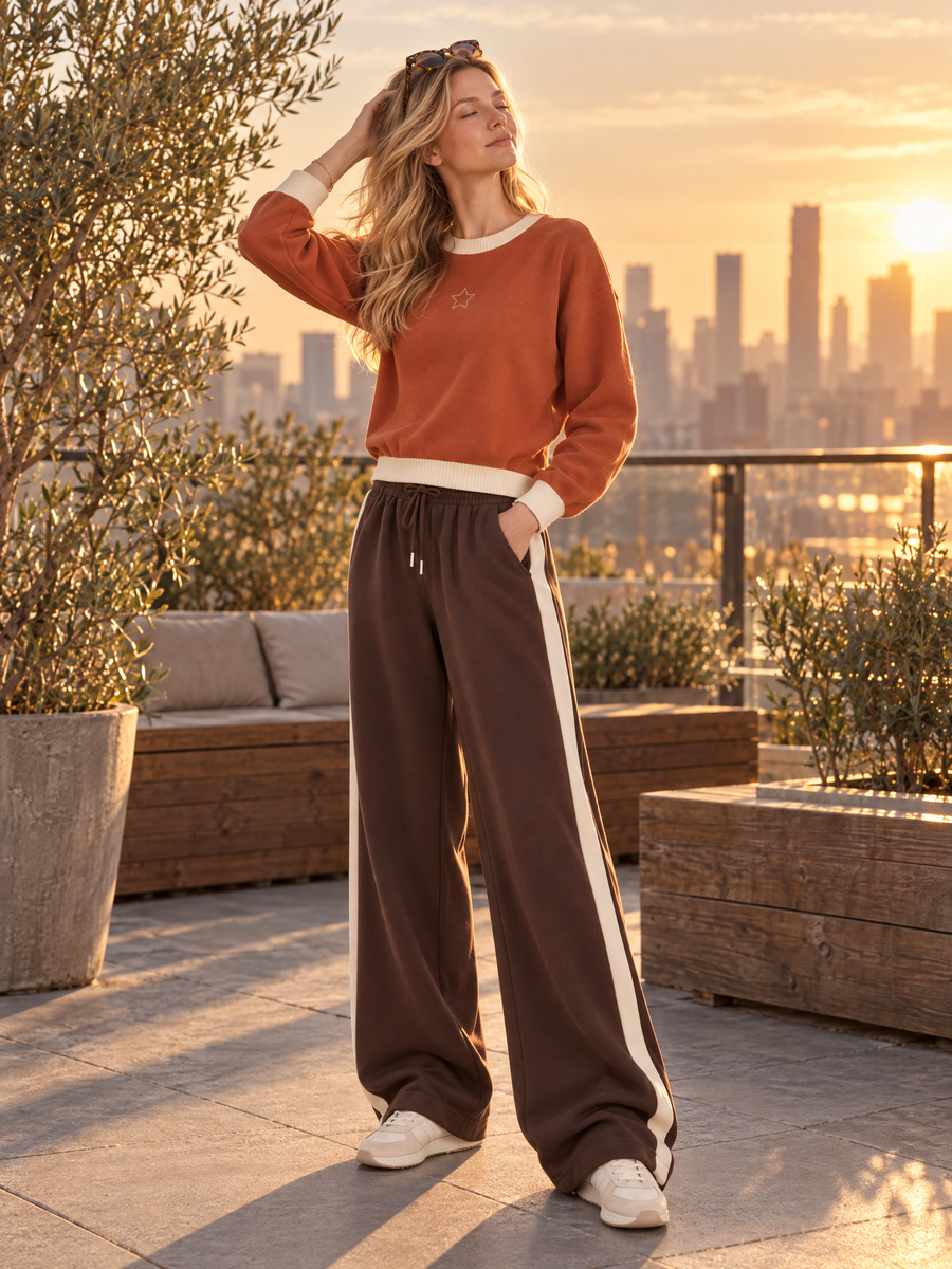 Pumpkin-orange Embroidered Sweatshirt And Wide-leg Pants Set