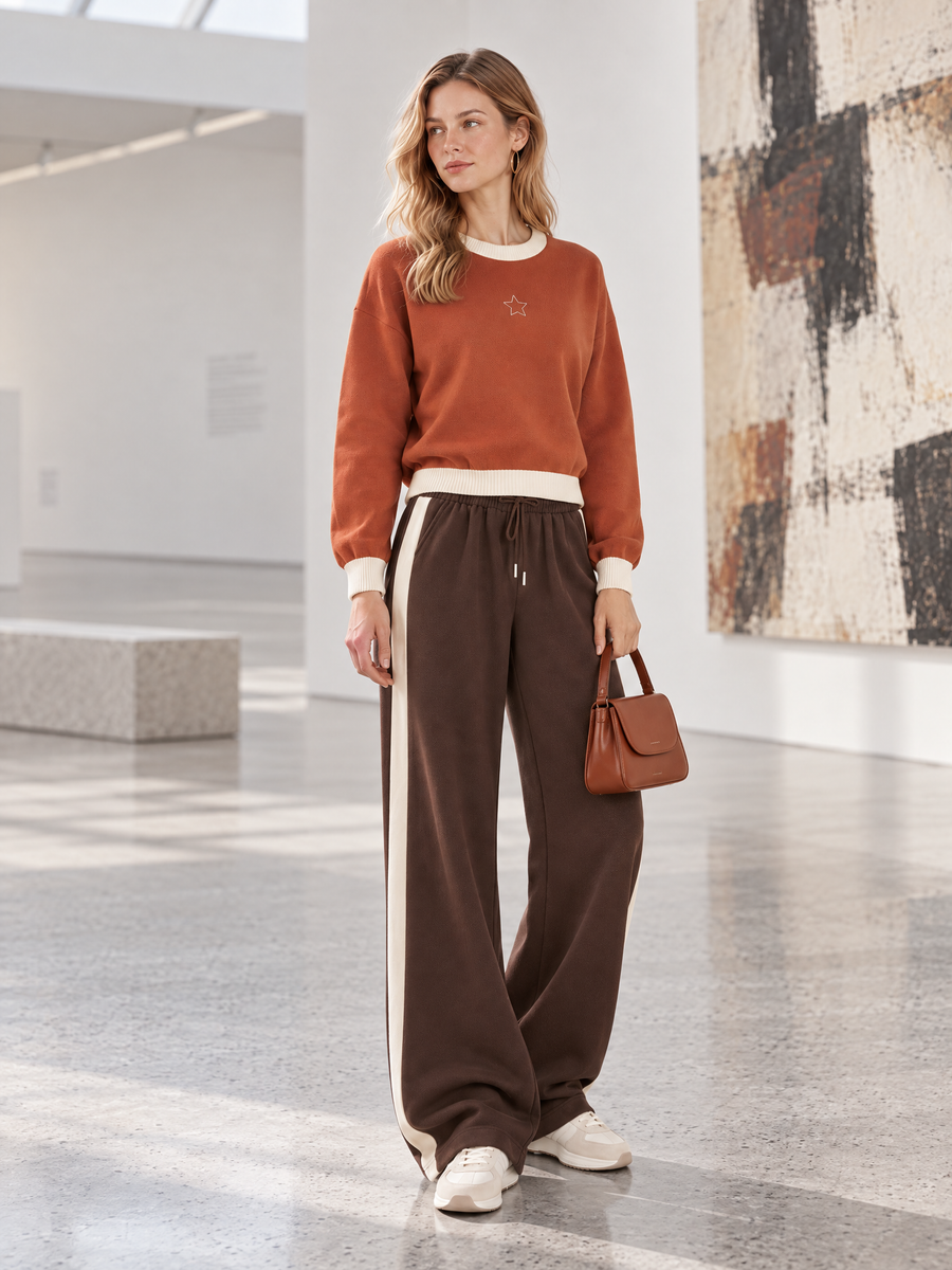 Pumpkin-orange Embroidered Sweatshirt And Wide-leg Pants Set