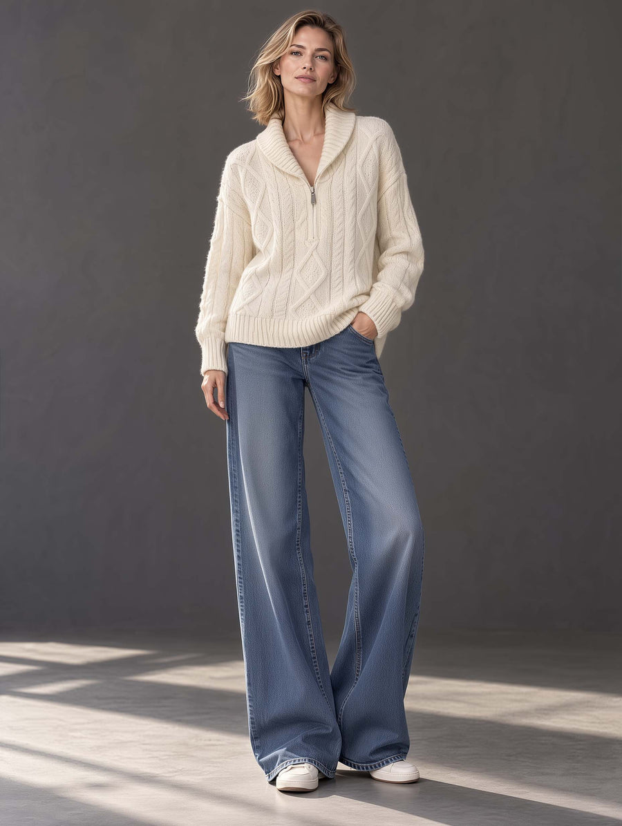 Stylish And Versatile Off-white Cable-knit Long-sleeve Sweater With A Half-zip Collar