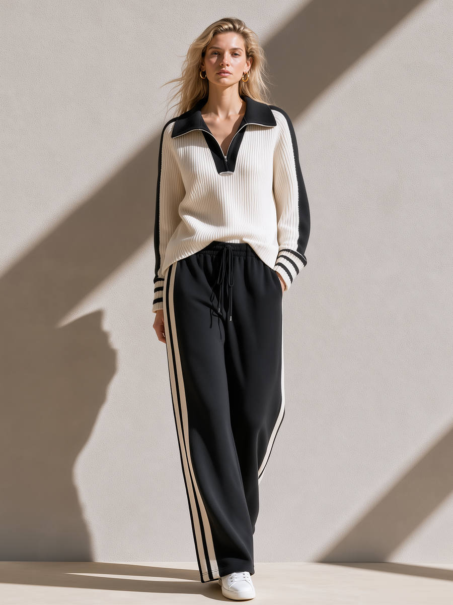 Black And White Color-block Half-zip Knit Top And Pocketed Wide-leg Set