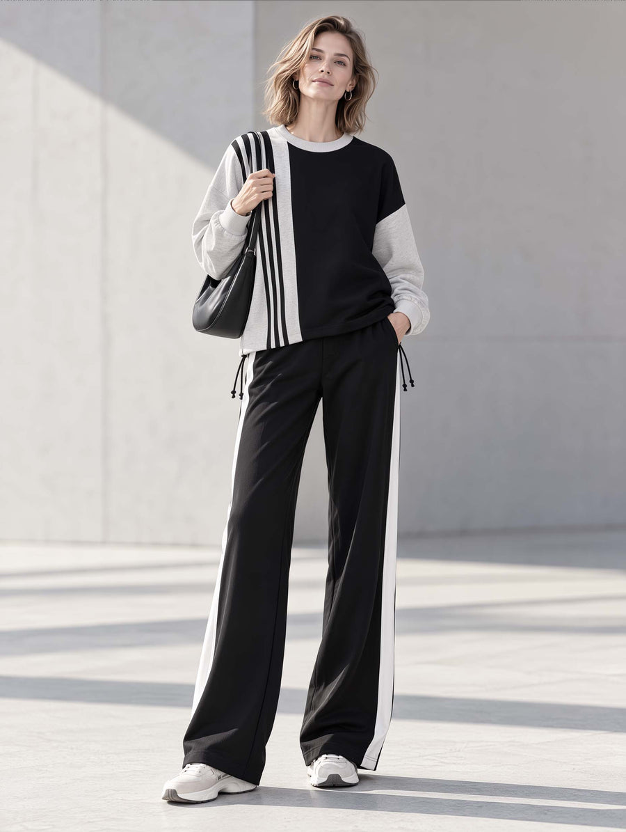 Stylish Casual Black & White Color-Block Long-Sleeve Crew-Neck Top And Pants Set