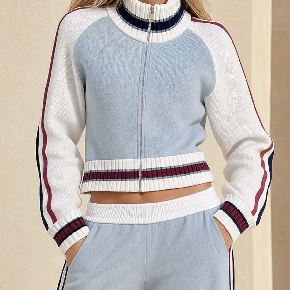 Light Blue Color-block Long-sleeve Sweater In A Stylish Commuter Style