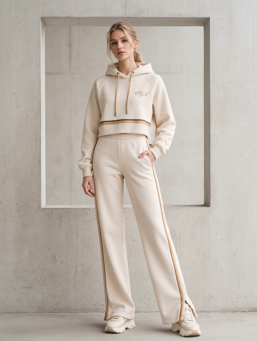 Beige hooded sweatshirt and casual trousers set