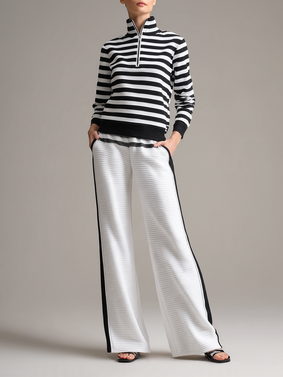 Black & White Striped Half-Zip Top & Wide-Leg Pants Set