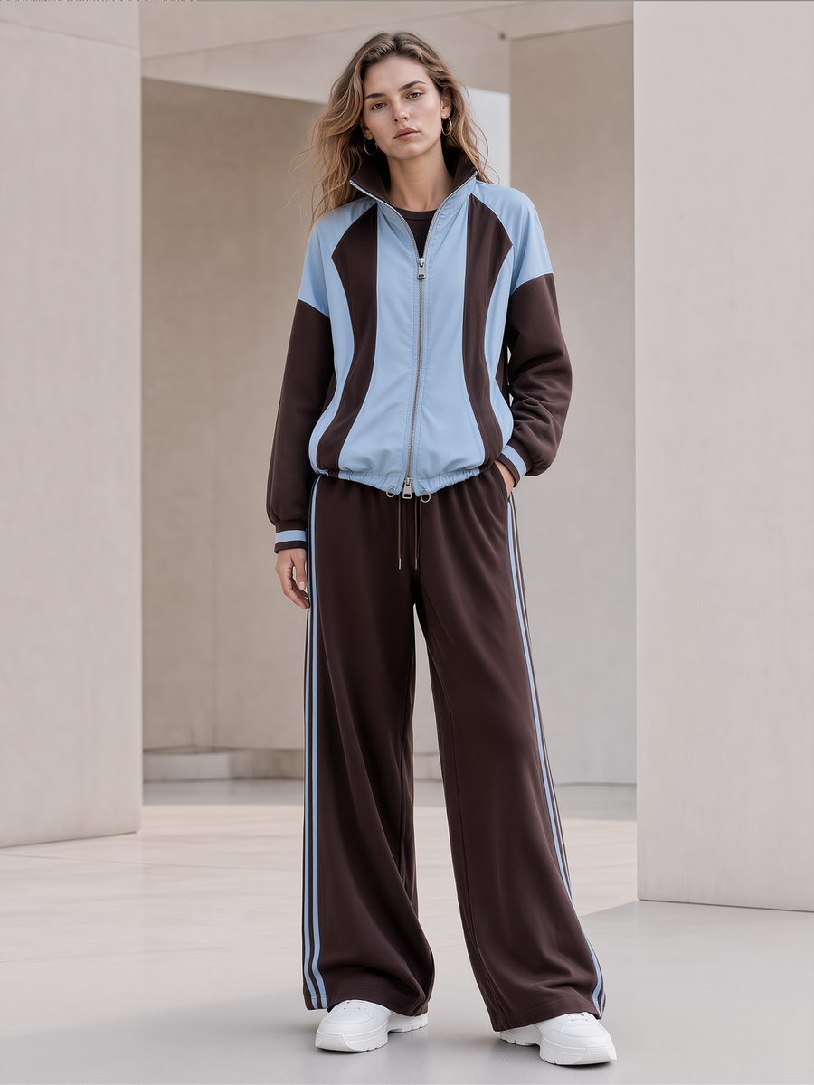 Light Blue And Brown Stand-collar Zip-up Casual Jacket
