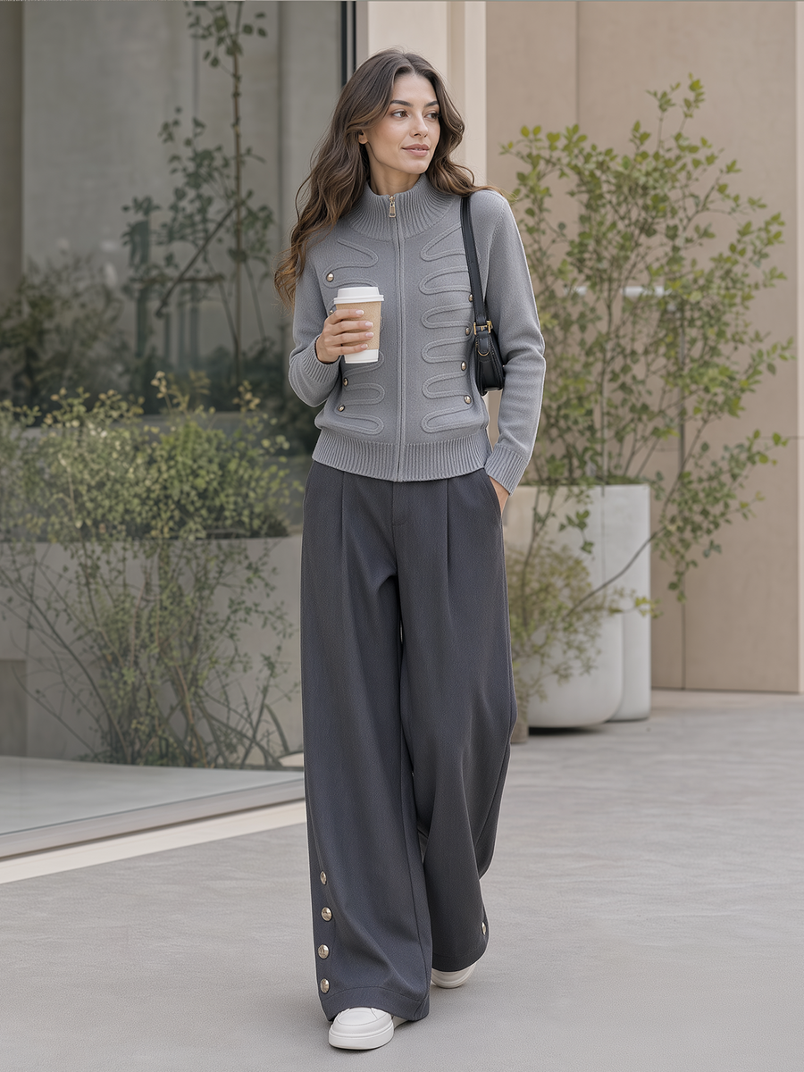 Grey Stand-collar Zip-up Knit Cardigan And Dark Grey Wide-leg Trousers Set