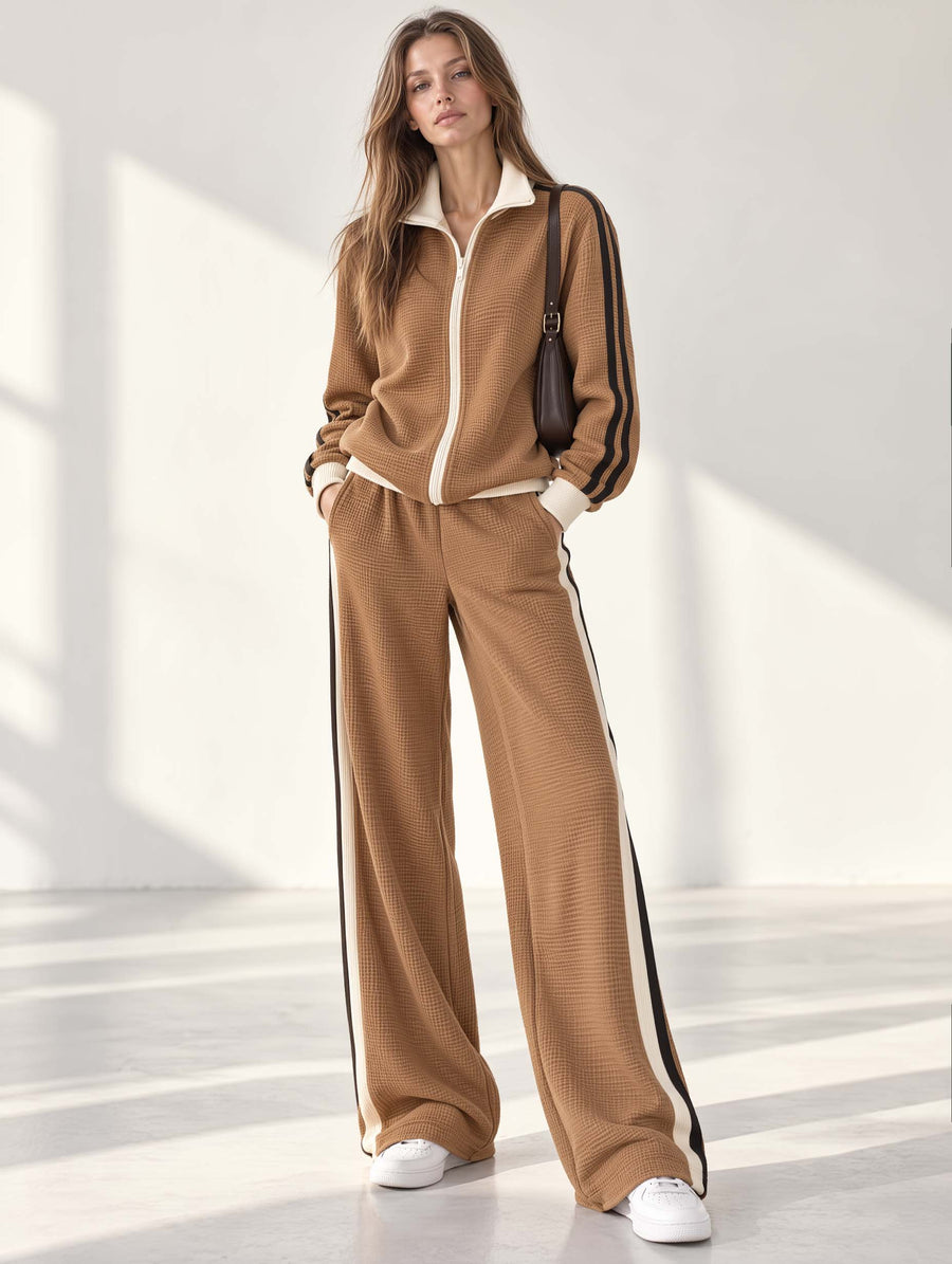 Caramel-brown Color-block Waffle-knit Long-sleeve Jacket And Wide-leg Trousers Set